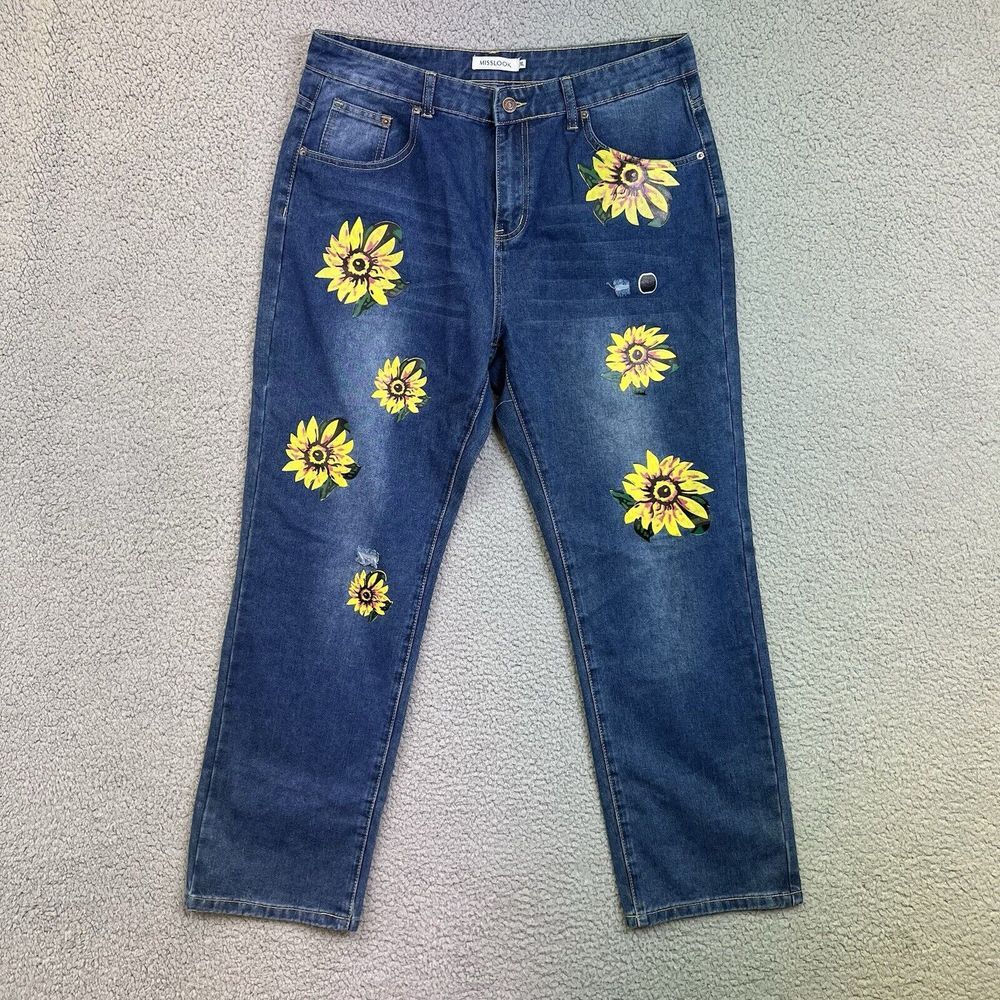 MissLook Womens Jeans Size 2X Sunflower Painted Distressed 26x30